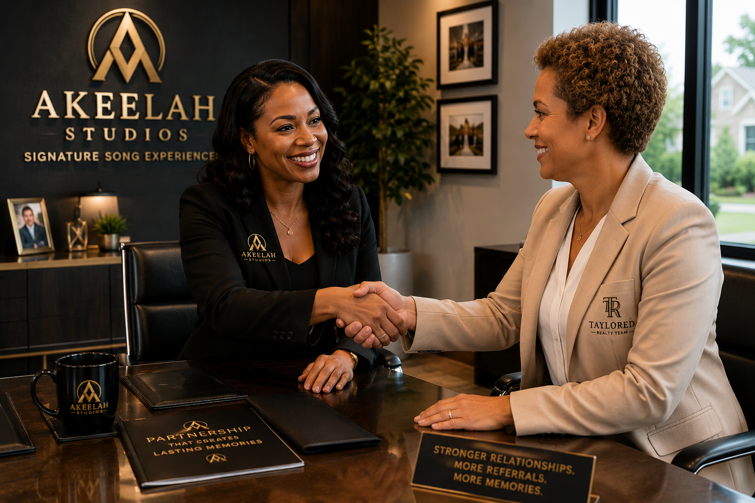 Akeelah Studios representative shaking hands with a realtor to begin a client appreciation song partnership